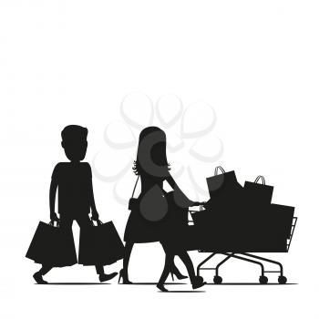 Family making holiday purchases silhouette. Parents with child walking with bought goods in shopping trolley and paper bags isolated vector. Customers illustration for shopping and sale concept