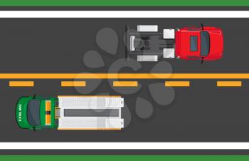 City traffic concept. Tractor truck and wrecker goes on opposite road lanes top view flat vector. Urban highway illustration for transport concepts and logistics infographics design