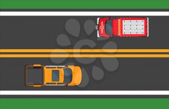 City traffic concept. Pickup and emergency service car goes on opposite road lanes top view flat vector. Urban highway illustration for transport concepts and logistics infographics design
