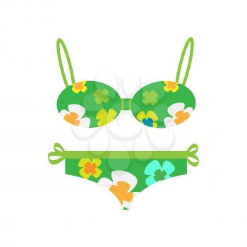Beach swimsuit with flowers vector. Flat style. Bra and trunks with floral pattern. Summer clothes. Illustration for fashion concepts. Woman s swimming sportswear. Isolated on white background