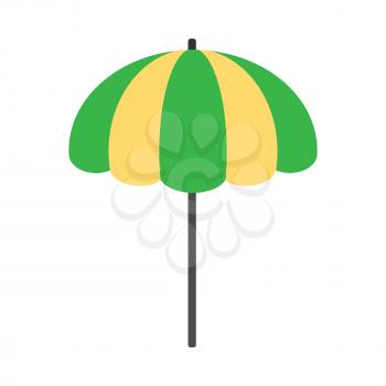 Beach umbrella icon. Beach sunshade. Striped yellow and green beach umbrella isolated on white background. Beach equipment. Vector illustration in flat design.
