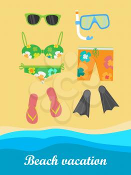 Beach vacation banner. Snorkel flippers mask swimming suit slippers trousers and glasses on the sand near the sea or ocean. Travelling conceptual poster. Things necessary for rest. Vector illustration
