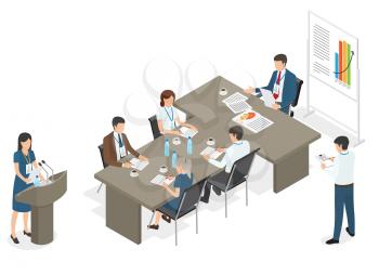 Business people sit at table and make notes ,one man takes top of table and tells something, another stands and makes notes, and woman stands on podium and reports. Vector illustration of meeting.