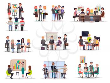 Set of business meeting in cartoon style on white background. Icons of working people on operating meetings, presentations with chart and diagram. Vector illustration for infographic, website or app