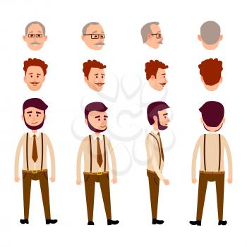 Set of front, rear and side view of three men on white background. Two people shows only head with hair and mustache, but young boy with beard depicts in full-length. Vector illustration web banner.