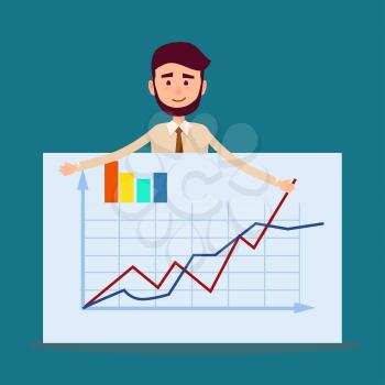 Manager standing behind placard with charts flat design. Male making report or presentation showing on board. Successful worker present growth of sales vector illustration in flat style design