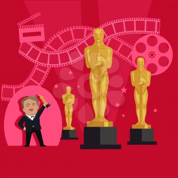Film awards design flat banner concept. Famous actor and director receives an award in the form of figurines in the film industry. Happy man holding a prize in his hands. Vector illustration