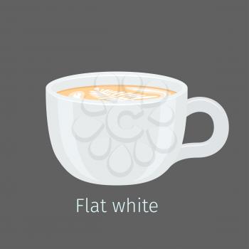 Porcelain cup with aromatic flat white vector. Hot invigorating drink with caffeine. Espresso based coffee with latte art on creamy foam surface illustration for coffee house and cafe menus design
