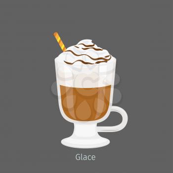 Irish glass mug with straw filled cold glace flat vector. Chilled invigorating drink with caffeine. Coffee with ice-ream poured chocolate syrup illustration for coffee house and cafe menus design