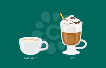Glace and flat white coffee drinks on emerald background. Arabica in glass with foam and straw and Austrian types of coffee in ceramic cup. Minimalist vector illustration for coffee shops and cafes.