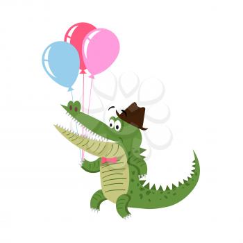 Cartoon crocodile with air balloons in hat isolated on white background. Cute big reptile vector illustration. Drawn friendly croc character going to make present on holiday in flat design