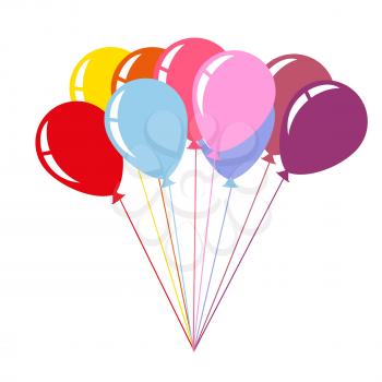 Colorful helium balloons isolated on white background. Cartoon entertaining elements flying in the air. Vector illustration of big bale of balloons in flat style design of blue, red and pink color