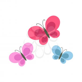 Bright cartoon butterflies of purple, pink and blue color isolated on white background. Vector illustration of beautiful fauna creatures. Earth flying beasts that live all over human world icons.