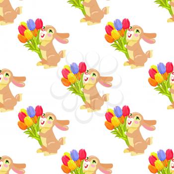 Seamless pattern with milk chocolate bunny and luxury bouquet of tulips isolated on white background. Vector illustration of endless texture with holiday mascot. Festive emblem of hare animal