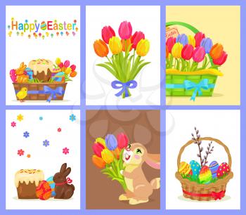 Set of happy easter on six icons. Colored eggs, willow branch, green grass in brown basket. Vector illustration of funny bunny with bouquet of tulips, festive cake, yellow chicken, chocolate dessert.