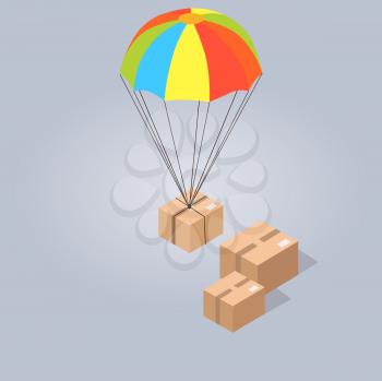 Fast and safe delivery from Internet shop at any point of world. Post box with colorful parachute goes down to other boxes isolated on grey background. E commerce advertising vector illustration.
