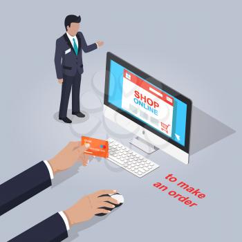 Shop Online. Make order from home. Computer with opened Internet store and hands hold payment card and mouse, and little businessman on grey background. E commerce advertising vector illustration.