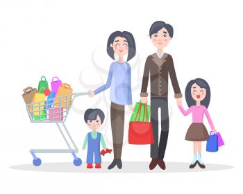 Family shopping concept isolated on white. Young man and woman make purchases with kids cartoon flat vector illustration. Father and mother buying gifts on holiday sale with son and daughter