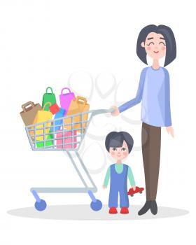 Woman with shopping trolley make purchases with child flat vector illustration. Family shopping concept isolated on white background. Mother buying goods on sale in supermarket with little son