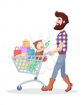 Family shopping cartoon concept isolated on white background. Bearded hipster man make purchases with child in bear costume flat vector illustration. Father buying daily products with little son
