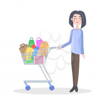 Woman with shopping trolley full of goods vector illustration. Holiday shopping flat concept isolated on white background. Female cartoon character make purchases icon. Buyer on seasonal sale   