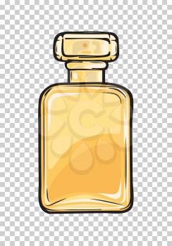 Fashionable perfume in glass yellow flask close-up on transparent background. Luxury fragrance in beautiful bottle. Vector illustration of fashion. Perfumery icon for infographics, websites and app.