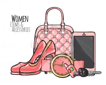 Women items and accessories. Illustration of pink purse, phone, high-heeled shoes, round watch with belt, car key with fob. Fashionable female objects. Poster. Cartoon style. Flat design. Vector
