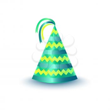 Brightly decorated with ribbons and zigzag pattern party hat. Striped green paper conical cap for festive costumes isolated vector illustration. Birthday or New Year party dressing icon accessory