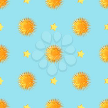 Starry seamless pattern with orange sea urchins. Yellow fluffy pompons and five-pointed stars vector illustrations on blue background for wrapping paper, greeting cards or invitations, print design