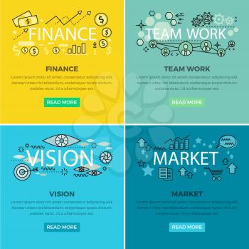Set of conceptual business web banners. Finance and Team work internet templates. Vision and market colorful square concepts with vector line art pictogram and icons for modern company landing page
