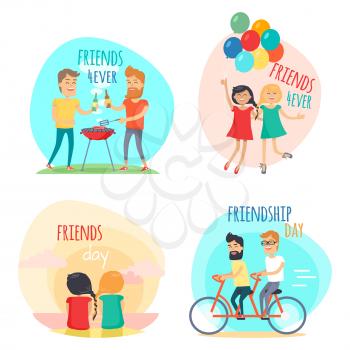 Friends forever. Friendship Day set of vector illustrations in flat style. Two men make barbecue and drink beer, girls with balloons, woman on beach and men on double bicycle. Happy people together