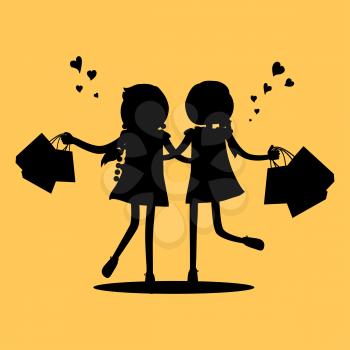 Silhouettes of girls with shopping bags friends forever. Vector illustration of unknown unrecognizable women holding packages from shop. Female friendship vector illustration in flat style design.