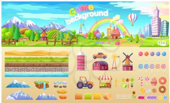 Game background poster of urban playground or candy factory structure. Vector colorful illustration of land types, service transport, fresh fruit and vegetables, kinds of lollipops and sweet food