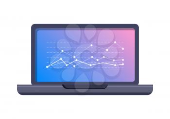 Stock exchange fluctuations peaks on laptop screen. Computer with statistics graph flat vector illustration isolated on white background. Mobile device for online trading and business presentation