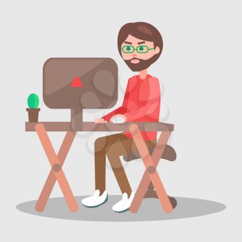 Male cartoon character in glasses with beard sits at table with plant at pot and screen in office. Vector illustration of comfortable work process. Man works on computer in cozy atmosphere.