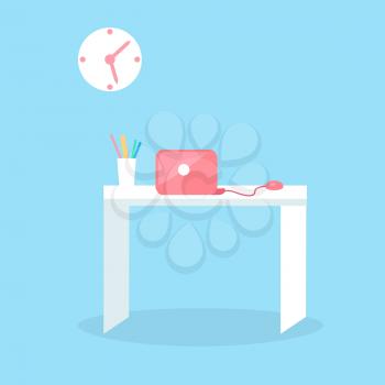 Stylish red notebook on white table with glass full of pencils isolated on blue background. Futuristic workspace vector illustration. White table with computer and stylish clock above the desk
