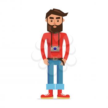 Cartoon male character with beard and photocamera in red turtleneck, blue jeans and red sneakers stands isolated on white background. Modern photographer vector illustration in flat design