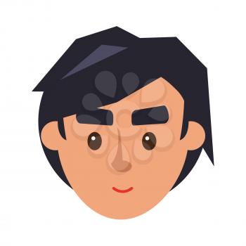 Physiognomy of boy. Brunet haired man face front view isolated icon on white. Cartoon young male character smiles. Modern man hairstyle example, avatar userpic vector illustration in flat style.