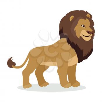 Lion cartoon character. Adult lion male flat vector isolated on white background. African fauna. Lion with mane icon. Wild animal illustration for zoo ad, nature concept, children book illustrating