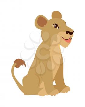 Cute lion cub cartoon character. Small lion baby flat vector isolated on white. African fauna. Smiling lion icon. Wild animal illustration for zoo ad, nature concept, children book illustrating