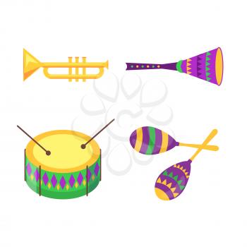Equipment collection for Mardi Gras celebration isolated on white. Golden pipe, colorful drum with sticks and maracas traditional elements for festivals and carnivals that make music and noise