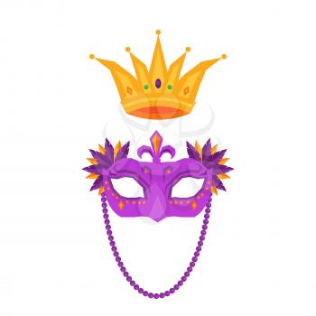 Mardi Gras. Purple carnival mask with rhinestones and queen s crown isolated on white background. Accessories to dress up for carnival celebration. Vector illustration of woman carnival costume elements.