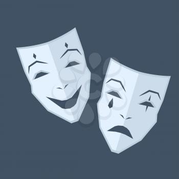 Mardi Gras. Two blue masks with emotions of happiness and sadness on navy-blue background. Theatrical symbol illustration. Play-actors accessory for performances isolated vector illustration.