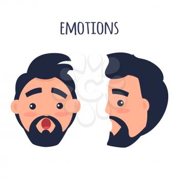 Men Emotions. Man with beard and pink cheeks surprised with open mouth. Face from two different angles of view isolated on white background. Cartoon shocked male character vector illustration.