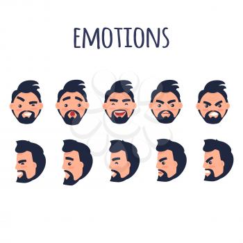 Male facial emotions vector collection on white. Bearded man character with black hair and with happy, angry, surprised, joyful or irritated expressions on face in various positions colorful poster
