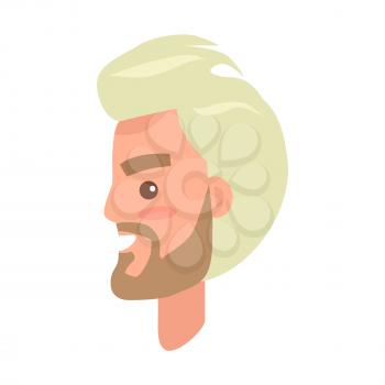 Blond man s face with beard and pink cheeks from sideview isolated icon on white background. Cartoon male character smiles with teeth. Modern man hairstyle example vector illustration in flat design