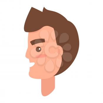 Brown-haired man s face with pink cheeks from side view isolated icon on white background. Cartoon young male character smiles with teeth. Modern man hairstyle example vector illustration.