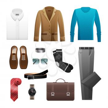 Men s outfits set for everyday life. Vector poster of white shirt, brown jacket, blue sweater, umber shoes black socks, grey trousers and wristband, dark bag, ruddy rolled tie, dark watch and belt