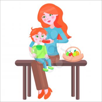 Young redhead mother sits on bench beside fruit basket and feeds baby boy with bottle on her lap on white background. Illustration of motherhood. Cartoon family. Vector illustration for Mother day.
