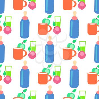 Baby food cartoon seamless pattern. Bottle with dummy, apples, cup and glass with juice isolated flat vectors. Fruits and dishes ornament with repeating elements for wrapping paper, cards and prints